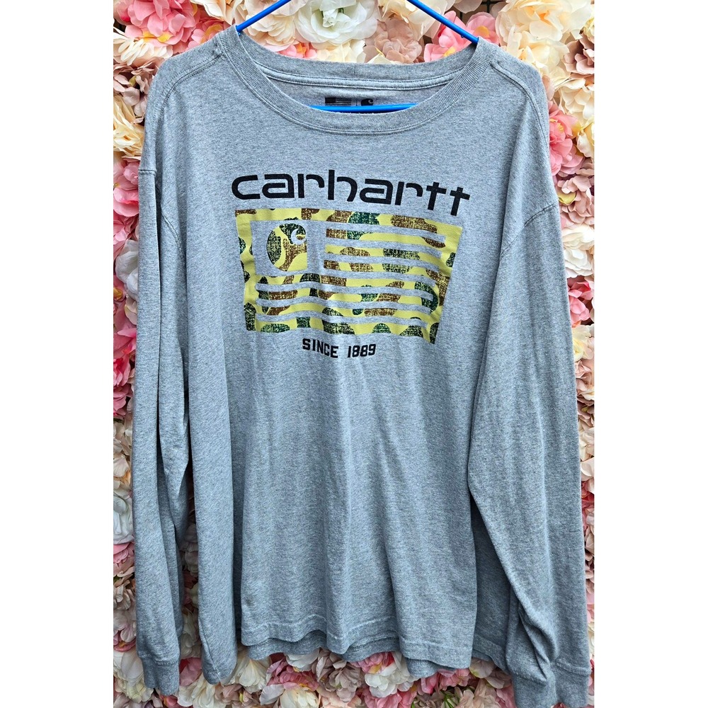 Carhartt Graphic Long Sleeve Shirt Mens 2XL Gray Camo Flag Made in USA Relaxed